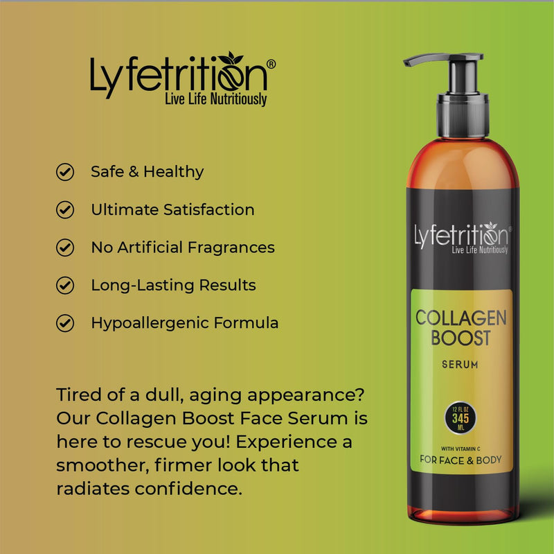 Lyfetrition Collagen Boost Face Serum Enriched With Vitamin C, Hyaluronic Acid & Jojoba Oil, Reduces Wrinkles, Heals, And Repairs Skin, Facial Serum For Visibly Firm And Smooth Skin, 12 Oz