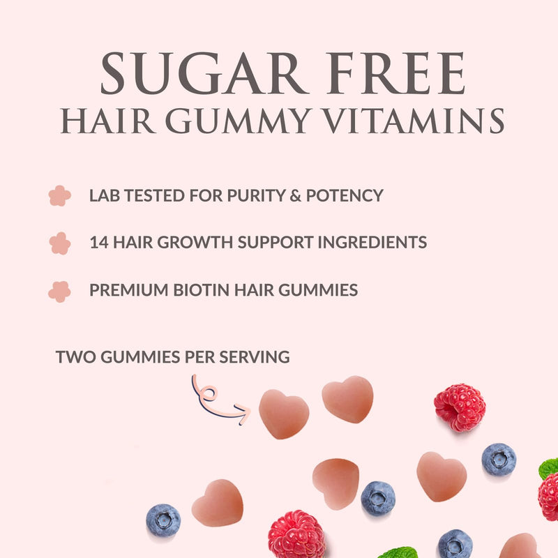 Hair Vitamins Gummies - Sugar Free Hair Growth Support Gummy with Biotin 5000 mcg Per Serving, Vitamin A, B12, C, D, E, Folic Acid - Supports Strong Beautiful Hair and Nails, Vegetarian - 60 Gummies 60 Count (Pack of 1)