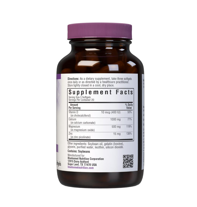 Bluebonnet Nutrition Calcium Magnesium Zinc Plus Vitamin D3, 1000 mg of Calcium, 500 mg of Magnesium and 15 mg of Zinc, 400 IU Vitamin D3, For Strong Healthy Bones*, Gluten-Free, Dairy-Fee, 60 softgel | For Strong Healthy Bones; Gluten-Free Unflavor