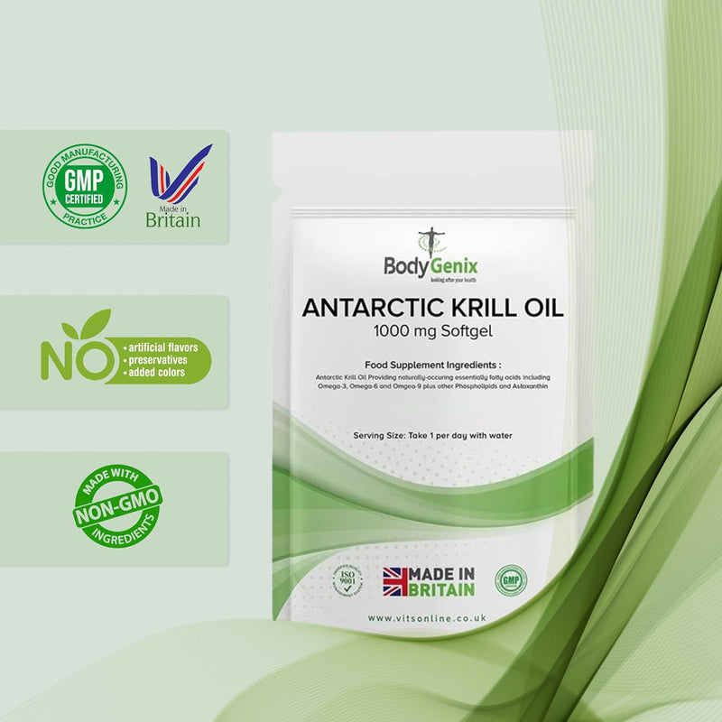 Bodygenix Antarctic Krill Oil - 1000mg Softgels Omega 3 Fatty Acids EPA & DHA Heart Brain Skin Health Support - Natural Food Supplement 4 Month Supply (120)