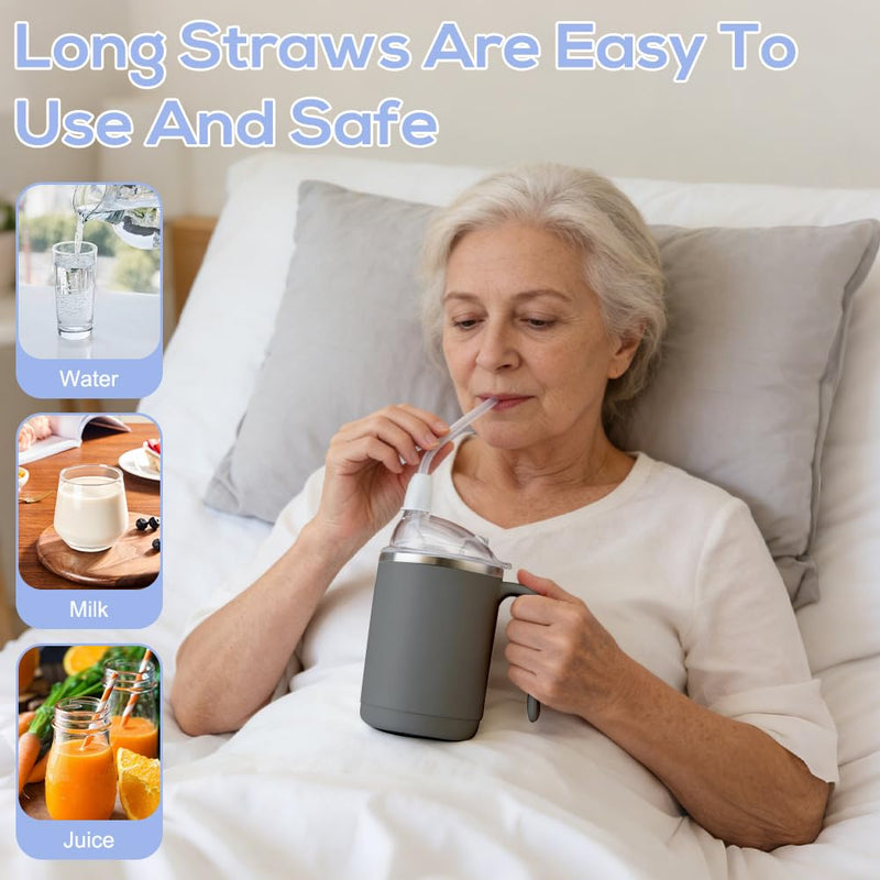 Beakers for Elderly 450ml, SGZIOO 3 in 1 Sippy Cup for Adults, Non Spill Cups for Elderly, Adult Sippy Cups for The Elderly Non Spill, with Lid, Straw, Brush, Aids for the Disabled Daily Living (Gray) Gray