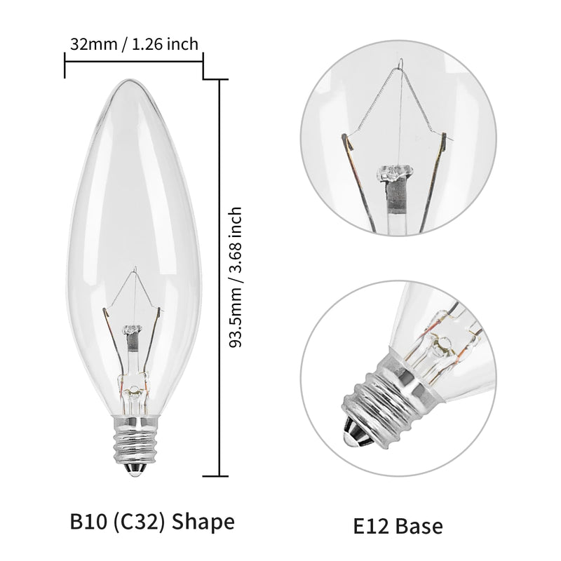 [Australia] - 12-Pack E12 Candle Light Bulbs 40W Warm White 2500K, 380 Lumen Dimmable Chandelier Light Bulbs for Ceiling Fan, Pendants or Outdoor, B10 Clear Candelabra Base Bulbs 40W-12Pack 