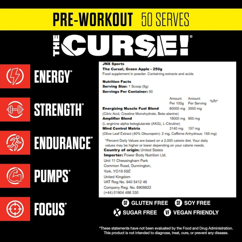 JNX The Curse! Pre Workout Powder - Orange Mango 50 Servings | Preworkout: Boost Strength, Energy + Focus for Men & Women | Caffeine, Beta-Alanine, Creatine & L-Citrulline (250 g, Orange Mango) 250 g