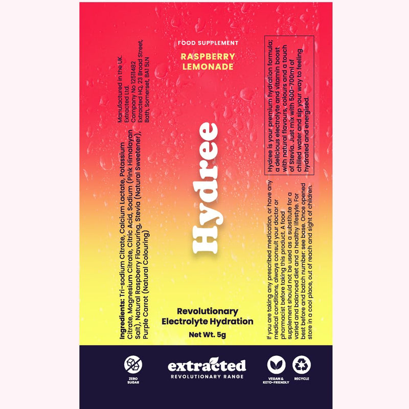 Hydree Advanced Electrolyte Drink Mix, Sodium Potassium Magnesium Calcium Citrate Blend, Natural Raspberry Flavour, Zero Sugar, Himalayan Salt and Stevia, 24 Single-Serve Sachets