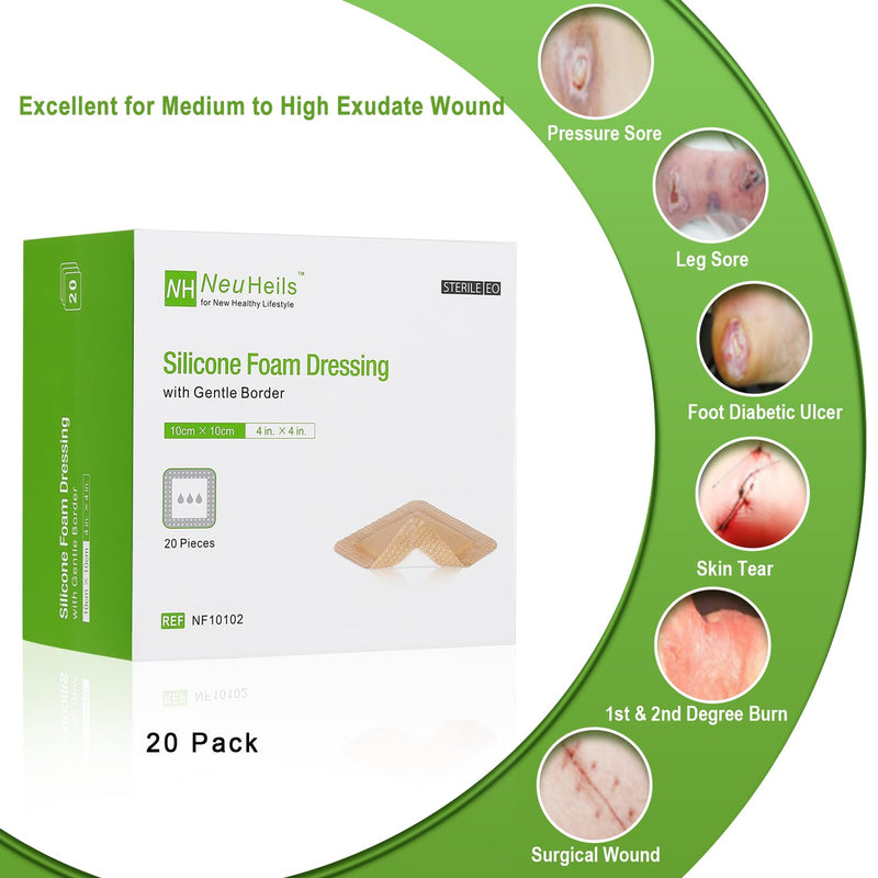 [Australia] - NeuHeils Silicone Foam Dressing with Gentle Border 4''x4'', 20 Pack for Bed Sore Leg Ulcer, High Absorbency Large Waterproof Silicone Wound Bandage 4''x4'' (20 Packs) 