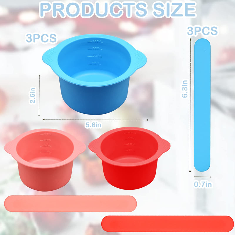3Pcs Non-Stick Silicone Wax Melt Liners with Wax Sticks, Reusable Bowl for Wax Warmer and Hair Removal, 14Oz Red Pink Blue