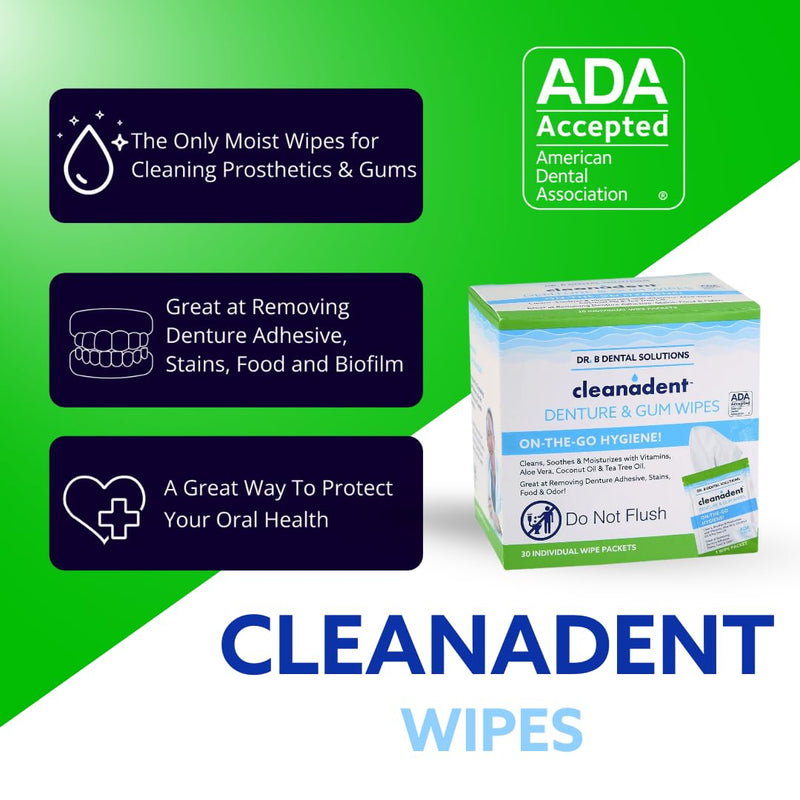 [Australia] - Dr. B Dental Solutions Cleanadent Dental Wipes, Denture Cleaner Removes Adhesives, Food, Stains, and Odor 30 Count Pack of 2 60 Count (Pack of 2) 