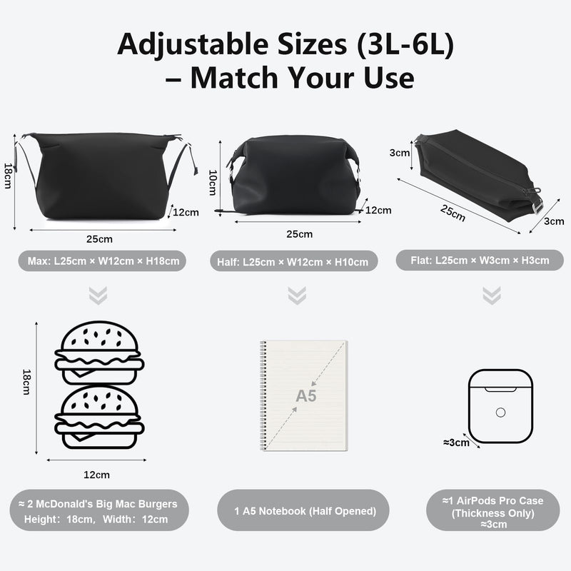 Vomgomfom 6L 13 Inch Silicone Toiletry Bag, Waterproof Leakproof Travel Cosmetic Organizer, Adjustable G-Buckle Compression Dopp Kit, Foldable Makeup Bag for Women & Men (Black, 13" 6L) Black