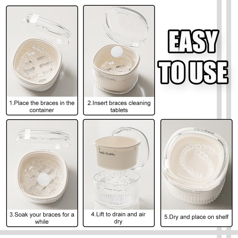 [Australia] - Denture Case Kit, Retainer Cleaner Case with Cleaning Brush, Retainer Cleaning Denture Bath Cup with Mirror Use in Denture Bridges, Partial Dentures, Traditional Braces for Travel 