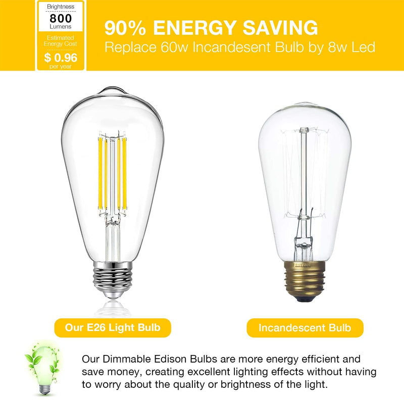 [Australia] - DAYBETTER 4 Pack Vintage LED Edison Bulbs, E26 Led Bulb 60W Equivalent, Dimmable Led Light Bulbs, High Brightness 800 LM Warm White 2700K, ST58 Antique LED Filament Bulbs, Clear Glass Style for Home 