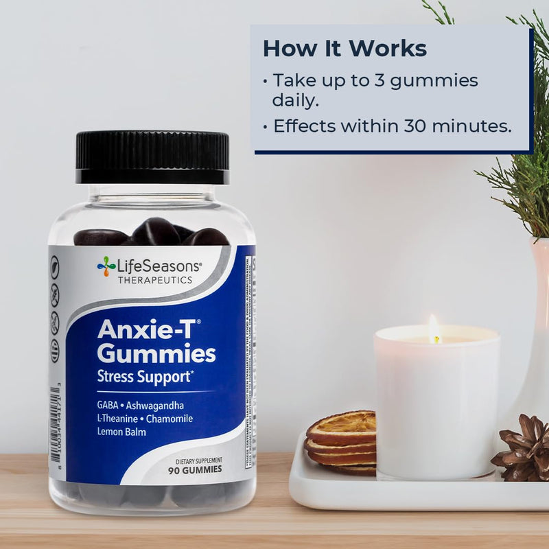 [Australia] - Anxie-T - Stress Relief Gummy - Vitamin Supplement for Mood & Mental Focus Support - Feel Calm and Relaxed - Rapidly Eases Tension - Ashwagandha, GABA & L-Theanine - 90 Gummies 90 Count (Pack of 1) 