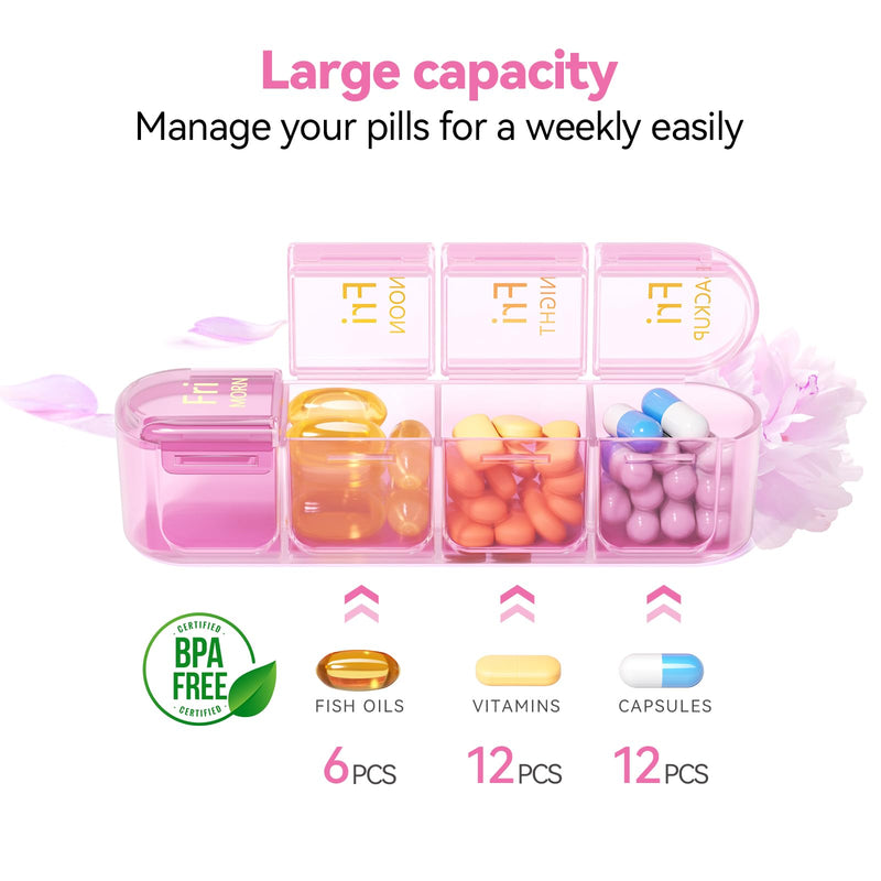 Zoksi Pill Organizer 4 Times a Day,7 Day Pill Box with Removable Daily Case | Large Medicine Organizer for Pills, Vitamins and Supplements, Easy Open 180 Degree Lids, Travel Pill Case Pink Purple