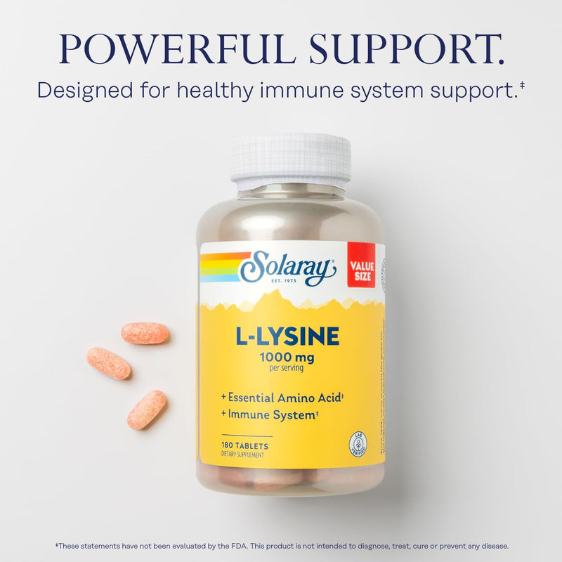 SOLARAY L-Lysine, Free-Form 1000 mg, Essential Amino Acid Immune Support Supplement with Vitamin C 1,000 mg and Zinc 25 mg, Value Size, Lab Verified, 60-Day Guarantee, 60 Servings, 180 Tablets 180ct