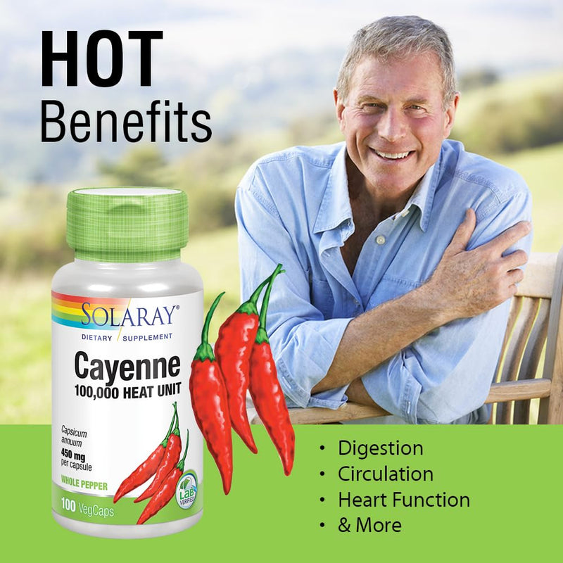 [Australia] - SOLARAY Cayenne Pepper 450 mg | 100,000 Heat Unit | Healthy Digestion, Circulation, Metabolism & Cardiovascular Support | Non-GMO | 100 VegCaps 100 Count (Pack of 1) 