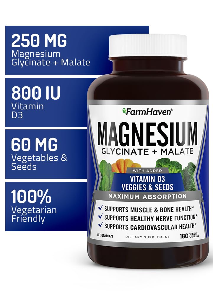 FarmHaven Magnesium Complex, Glycinate/Malate & Vitamin D3, 180 Capsules | Bone Health Support, Muscle & Nerve Function, Chelated Magnesium Complex with Vitamin D3, Vegetarian, 90 Day Supply 180 Count (Pack of 1)