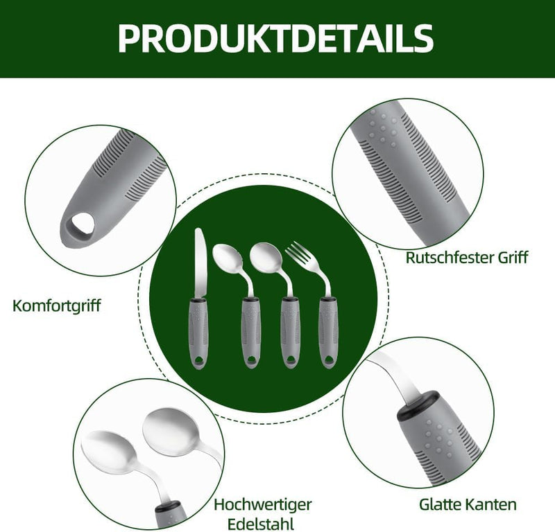 42° Angle Parkinson Cutlery (4-Piece), Adaptive Cutlery Set, 85 g Weighted Cutlery for Hand Tremors and Arthritis - Ergonomic Eating Aids with Non-Slip Handle (Right-Handed Users)