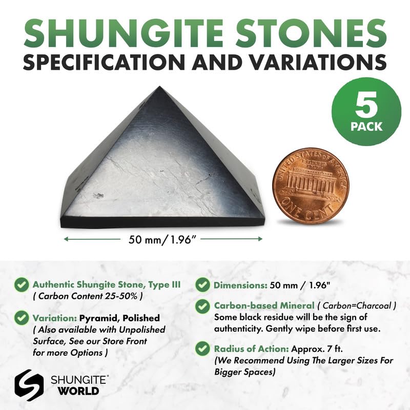 [Australia] - 5 Pcs Authentic Shungite Pyramids Polished, 50 mm / 1.96" Real Shungite Stones Shungite Crystal Pyramid Home Protection Room Decor Office Decor Authentic Crystals Black Pyramid 50 mm / 1.96" 