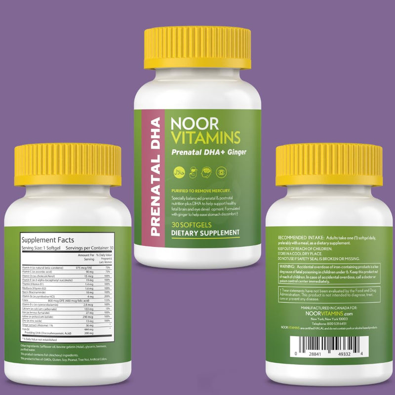 [Australia] - Noor Vitamins Halal Prenatal Vitamins with DHA and Folic Acid, Essential Vitamins, Ginger to Soothe Mom's Stomach, Iron, Softgels, Prenatal Vitamin Before/During/Post Pregnancy (1 Month Supply) 30 Count (Pack of 1) 