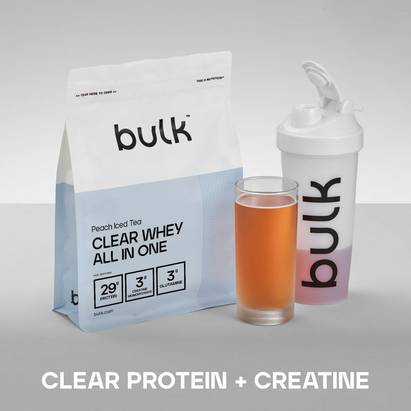 Bulk Clear Whey All in One, Protein Powder Shake with Creatine, Glutamine, BCAA, Carbohydrates, Peach Iced Tea, 500 g, 10 Servings, Packaging May Vary