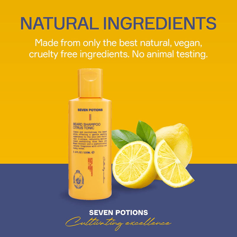[Australia] - Seven Potions Beard Shampoo for Men - Gentle, cleansing beard cleansing for a clean beard without itching - natural, vegan, not tested on animals - Citrus Tonic (100 ml) 100 ml (pack of 1) 