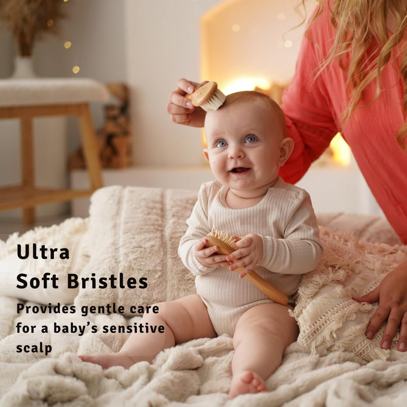 [Australia] - Baby Hair Brush Set for Newborns & Toddlers - Baby Brush and Comb Set - Ultra Soft Goat Hair Bristles, Perfect for Cradle Cap, Newborn Showers & Registries Gift, Comb Brush for Girls & Boys Beechwood 