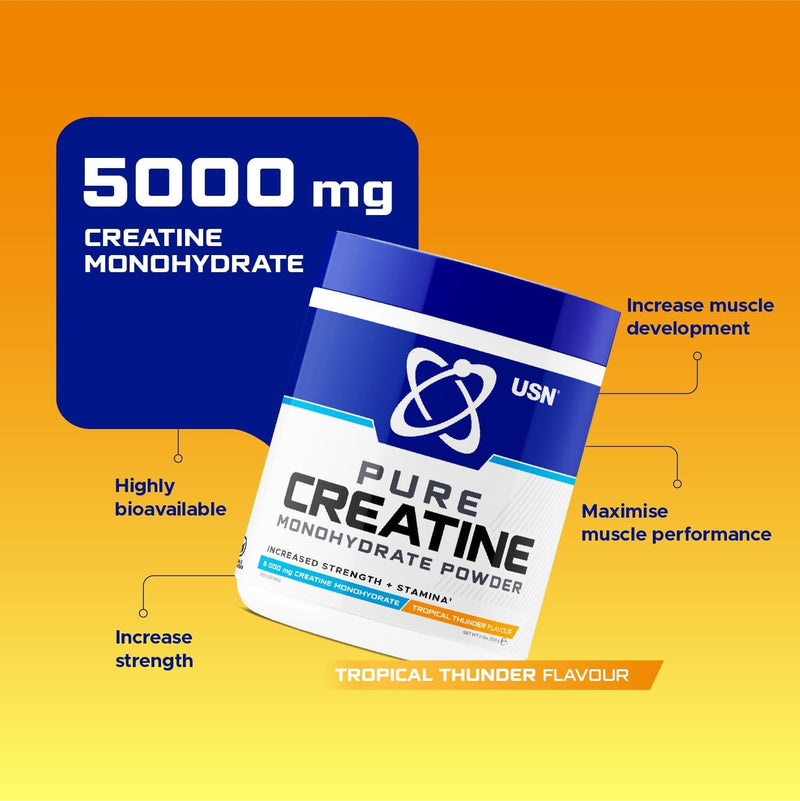 USN Micronised Creatine Powder 500g (79 Servings): Tropical Thunder Flavour, 100% Pure Creatine Monohydrate Powder for Performance and Muscle Recovery, Suitable for Vegans 79 Servings (Pack of 1)