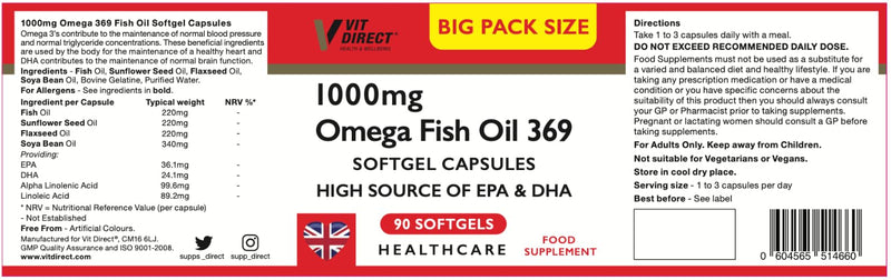 Omega Fish Oil 369-90 Soft Gel Capsules - 1000mg - High Source of EPA & DHA - Daily Supplement - Fish Oil Omega 3 - Improve Endurance - for General Health & Wellbeing
