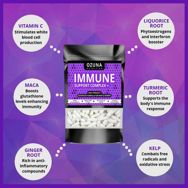 Immune Support Supplement with Vitamin C, Liquorice Root, Maca, Kelp, Turmeric & Ginger - Immunity Booster Complex for Daily Defense - 60 Vegetarian Capsules