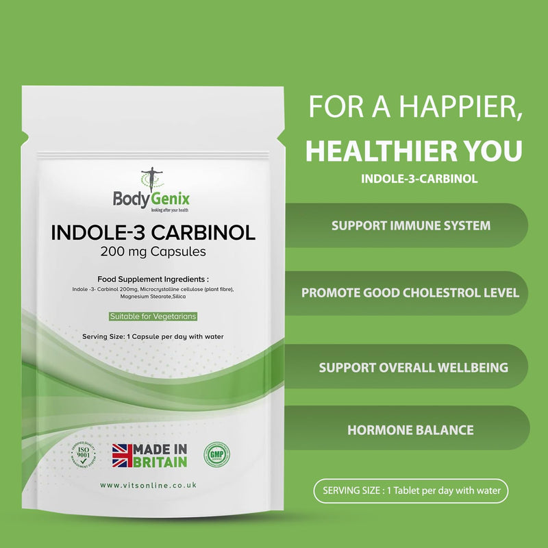 Bodygenix Indole-3 Carbinol 200mg Vegan Capsules Hormonal Balance Immune System Detoxification Support Natural Food Supplement - 180 Capsules 6 Month Supply