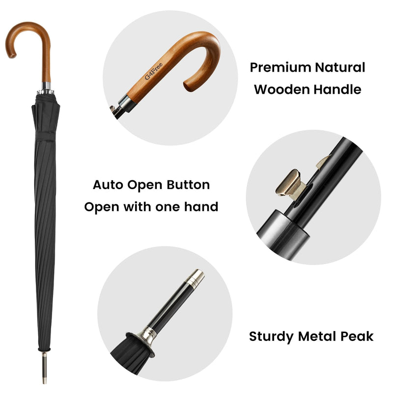 G4Free 54 Inch Large Windproof Umbrella Auto Open Classic Wooden J Handle 62 Inch Large Inverted Reverse Umbrella with C-Shaped Handle for Men Women