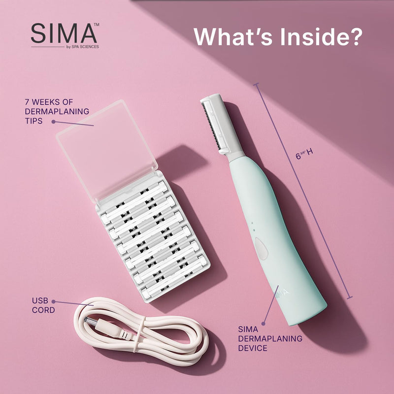 SPA SCIENCES - SIMA Patented Dermaplane Razor for Women Face – Painless 2-in-1 Facial Exfoliation & Peach Fuzz Hair Removal – Anti-Aging – 3 Speeds – Rechargeable – 7 Weeks Treatment Mint