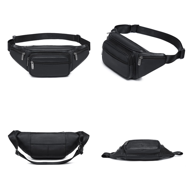 Genuine Leather Fanny Pack/Waist Bag/Organizer with Adjustable Belt, Multiple Pockets For Men and Women Black-861 Medium