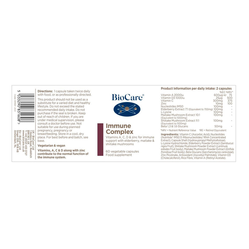 BioCare Immune Complex - Vitamins A, C, D & Zinc for Immune Support, Antioxidant Protection & Cell Function - Elderberry, Maitake & Shiitake Mushrooms - Nutrients & Botanicals - 60 Capsules