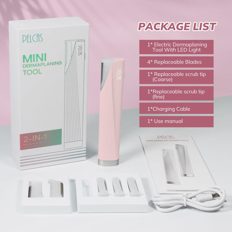 PELCAS Electric Dermaplaning Tool Kit for Women Face with LED Light, Facial Mini Dermaplaning Razor with 6 Blades, 3 Speeds 2 in 1 Facial Peach Fuzz Hair & Exfoliation Removal System at Home BV18-712