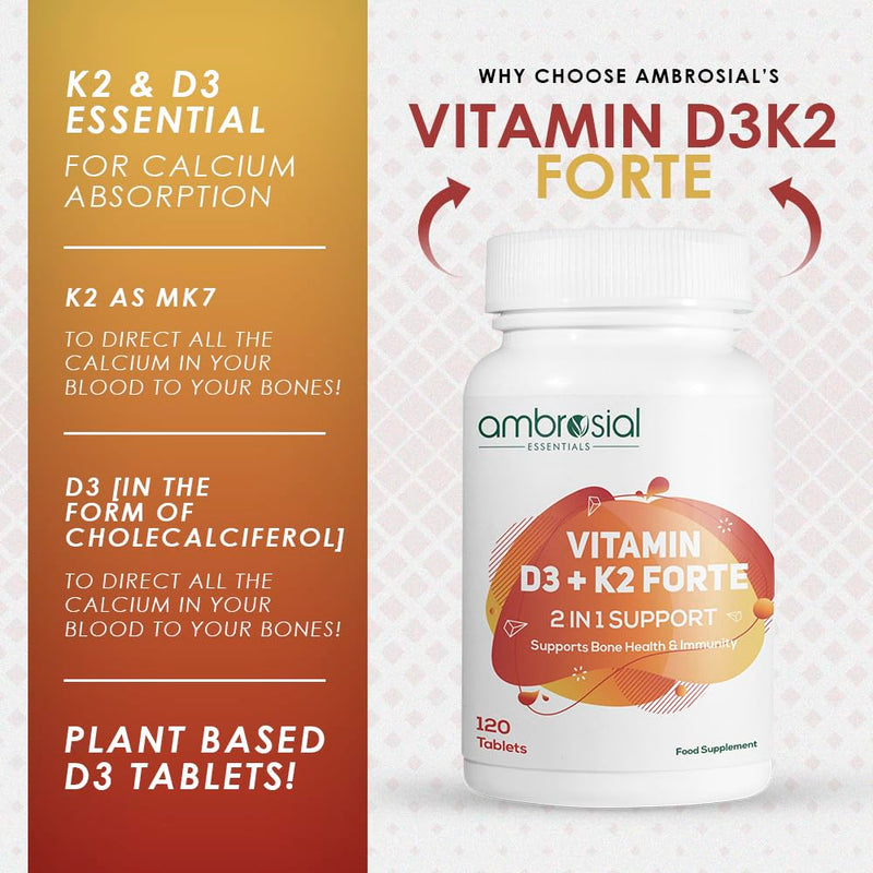 Ambrosial Vitamin D3 K2 Forte | Vitamin D3 (600 IU) with MK-7 Vitamin K2 | High Absorption Daily Supplement | Plant-Based Formula | 120 Tablets
