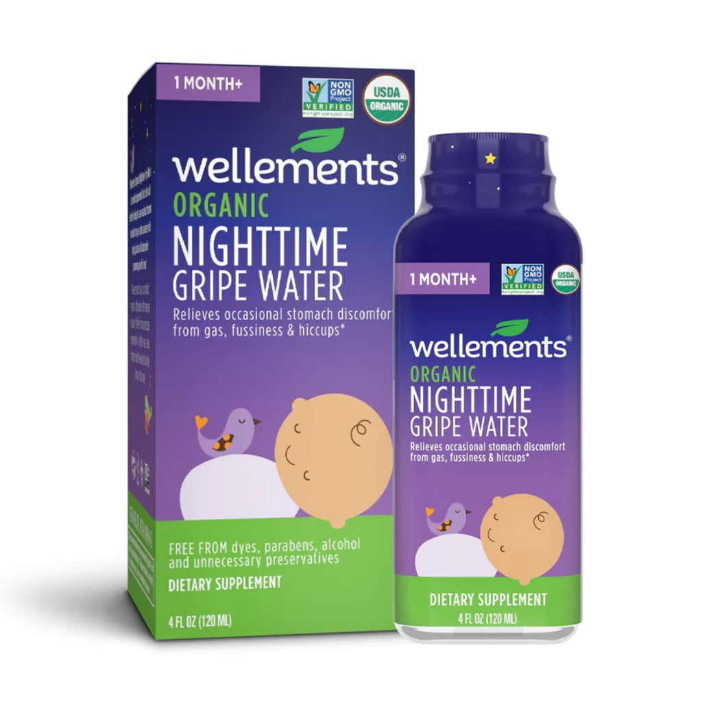 Wellements Organic Nighttime Gripe Water | Bedtime Relief for Baby Gas, Colic & Fussiness | Sleepy Time Herbs Promote a Peaceful Night’s Sleep | USDA Certified Organic & Non GMO | 1 Month +, 4 Fl Oz.