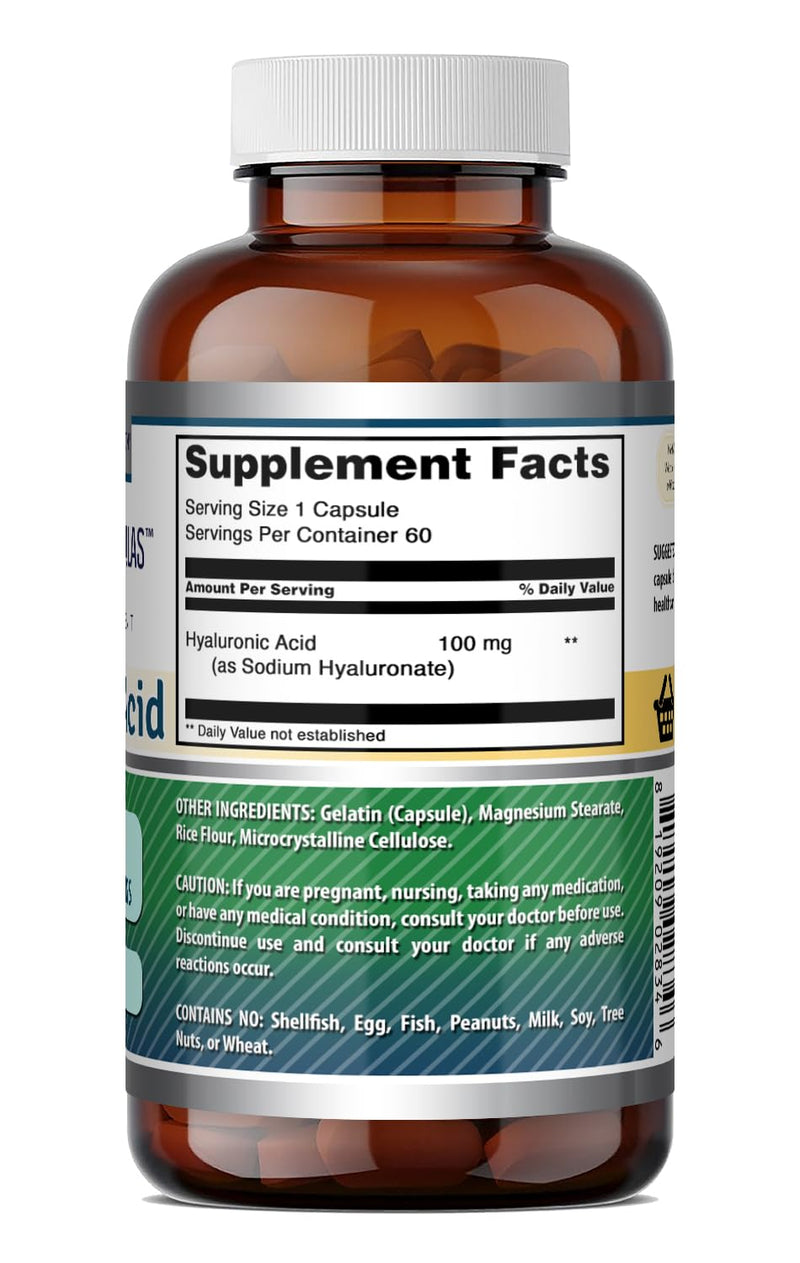Amazing Formulas Hyaluronic Acid 100 Mg Supplement | Capsules | Non-GMO | Gluten-Free | Made in USA (1 Pack, 60 Count) Unflavored - 60 Count (1 Pack) 60 Count (Pack of 1)
