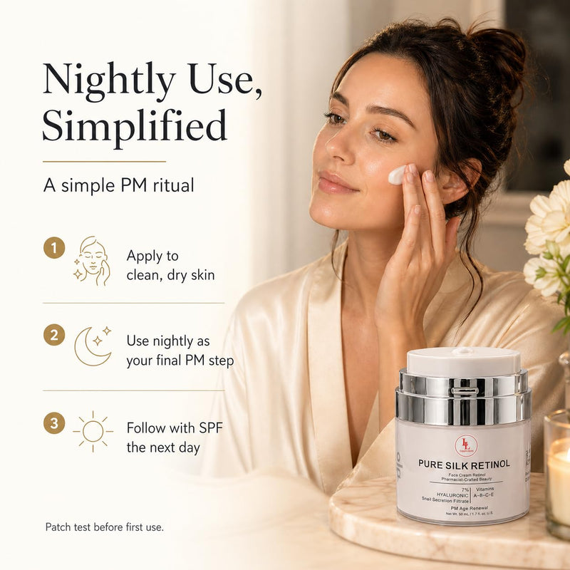 Pure Silk Retinol Night Cream – Pharmacist Formulated Anti-Aging Face Moisturizer Snail Mucin & 7% Hyaluronic Acid – Vitamin A-B-C-E Complex for Wrinkles – Non-Greasy PM Renewal (50ml)