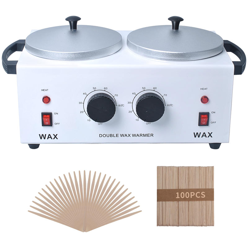 Double Wax Warmer Professional，Wax pot for Hair Removal with Adjustable Temperature Set, Portable Professional Wax Heater for spa and Salon,Body with 200pcs Wax Sticks White - Double Pot