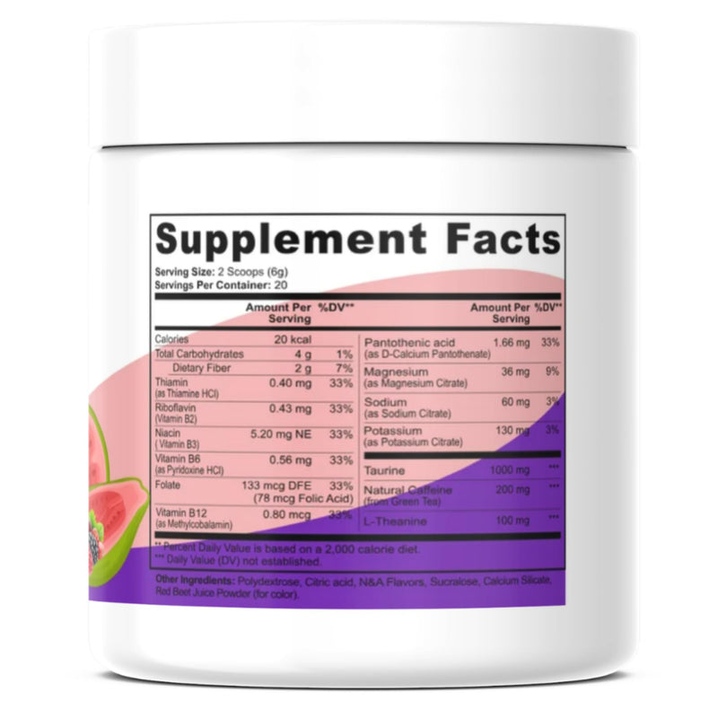 Guava Energy Powder - Natural Caffeine Powder with L-Theanine, Methylcobalamin, Folate, Niacin, Riboflavin, B6 - Clean Energy Drink Powder for Women - Pre Workout with Green Tea Extract 1