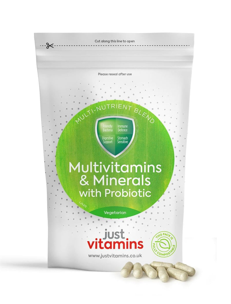 Probiotic Multivitamins & Minerals | 60 Tablets | Live Lactobacillus Acidophilus, Prebiotics, Zinc, Vitamin D, Iron & B-Complex | Gut Health & Immune Support | Just Vitamins - Made in UK