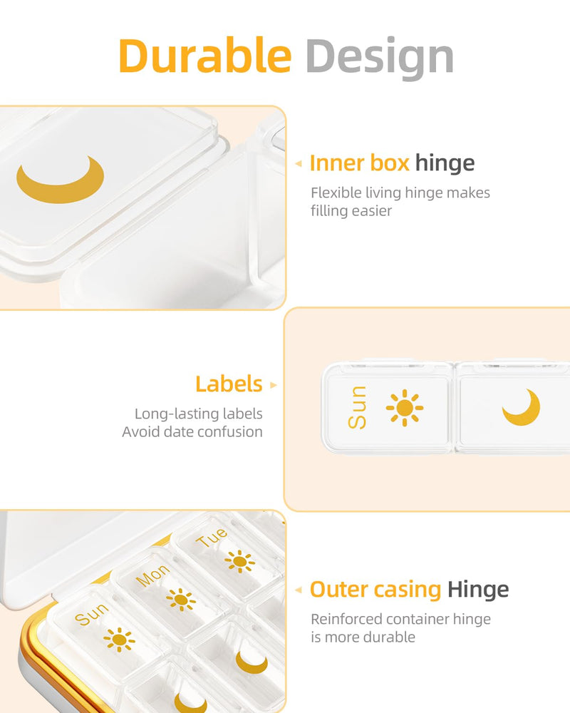 Betife AM PM Pill Organizer 2 Times a Day, 7 Day Pill Box - Yellow | Removable AM/PM Daily Cases; Roomy for Fish Oil and Vitamins; Sturdy ABS Shell with Moisture-Resistant Silicone Protection. Beige