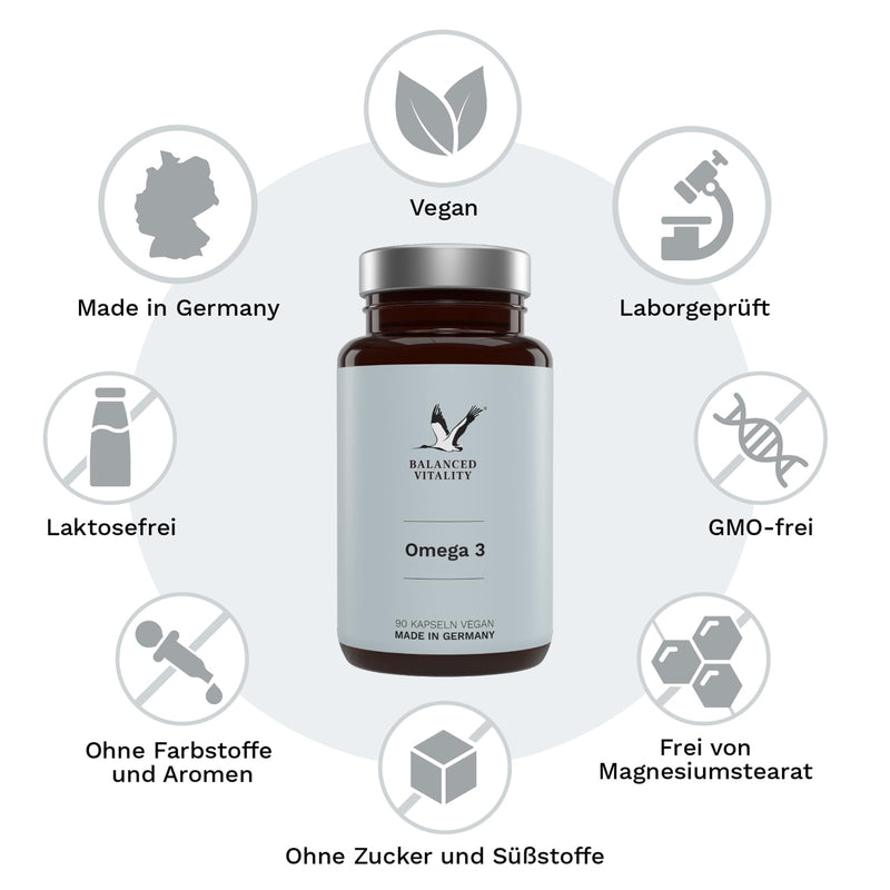 [Australia] - Vegan Omega 3 high dose - 1500 mg per daily dose with 450 DHA & 225 EPA from algae oil - 90 capsules 1 month - Omega 3 algae oil capsules with branded raw material life'sOMEGA® - Fish-free - Balanced Vitality 