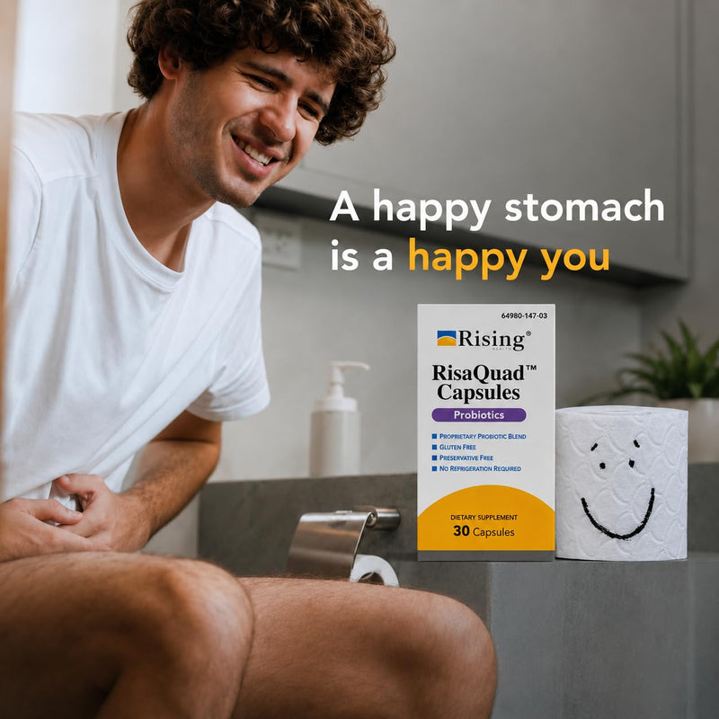 Rising Health RisaQuad™ Probiotic Capsules – 40 mg (8 Billion CFU+) Proprietary Probiotic Blend for Daily Digestive & Gut Health Support | No Need for Refrigeration - 30 Capsules 40mg (8 Billion CFU+)