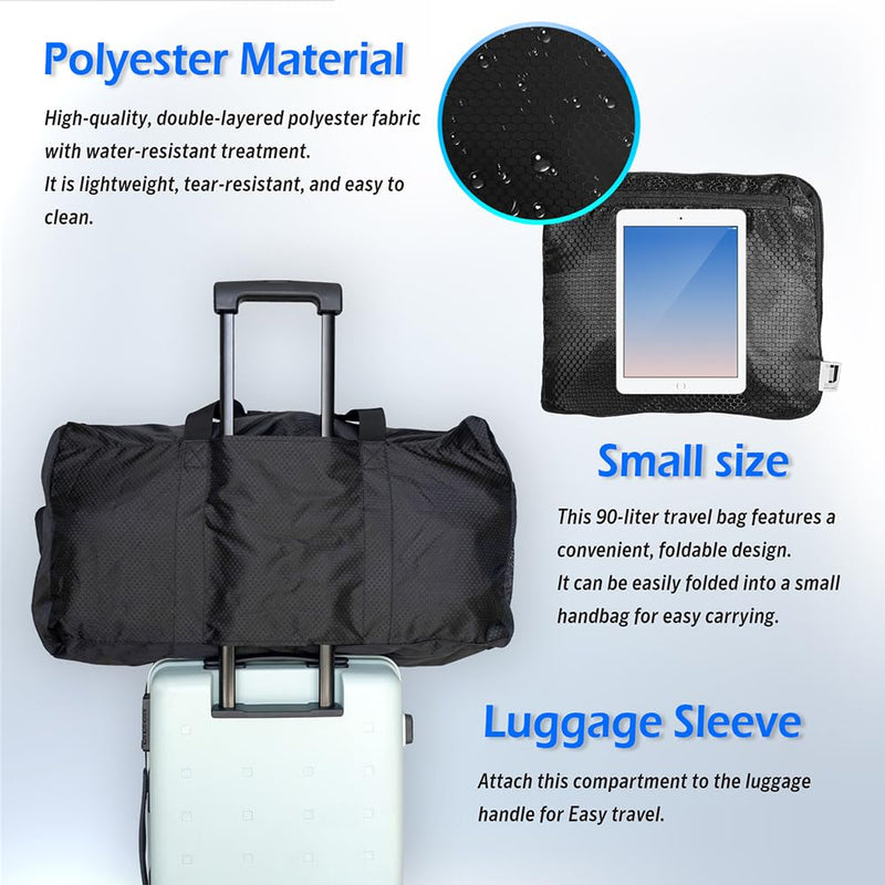 90L Foldable Duffle Bag, Shoe Storage Bag Design, Multiple Pockets, Large Storage Capacity,Duffle Bags For Travel (Black) Black