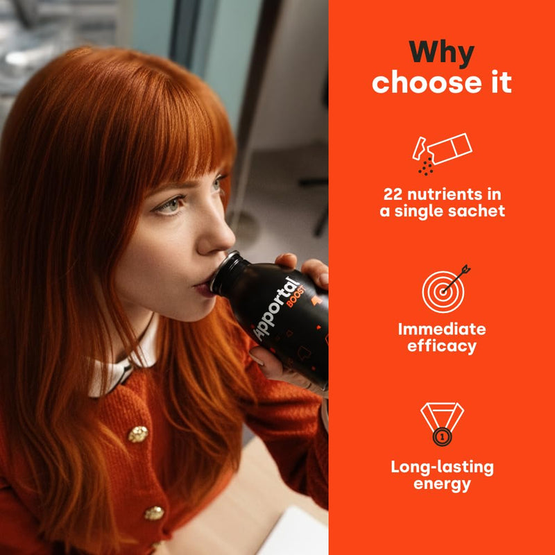 Instantly Recharges, Mental Energy and Physical, Tonic-Energy Food Supplement, 14 Sachets, Ginseng and Taurine, Minerals & Vitamins, No Caffeine, No Lactose, No Gluten, Apportal Boost, Pharmanutra