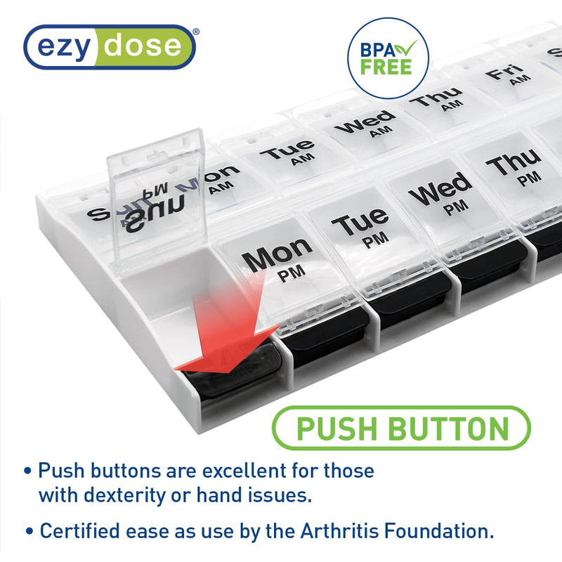 Ezy Dose Weekly (7-Day) AM/PM Pill Organizer, X-Large Case, Clear/Black | Daily Vitamin Box & Supplement Planner, 2 Times a Day Push Button Compartments, Arthritis-Friendly, Travel-Friendly, BPA-Free Black/Clear