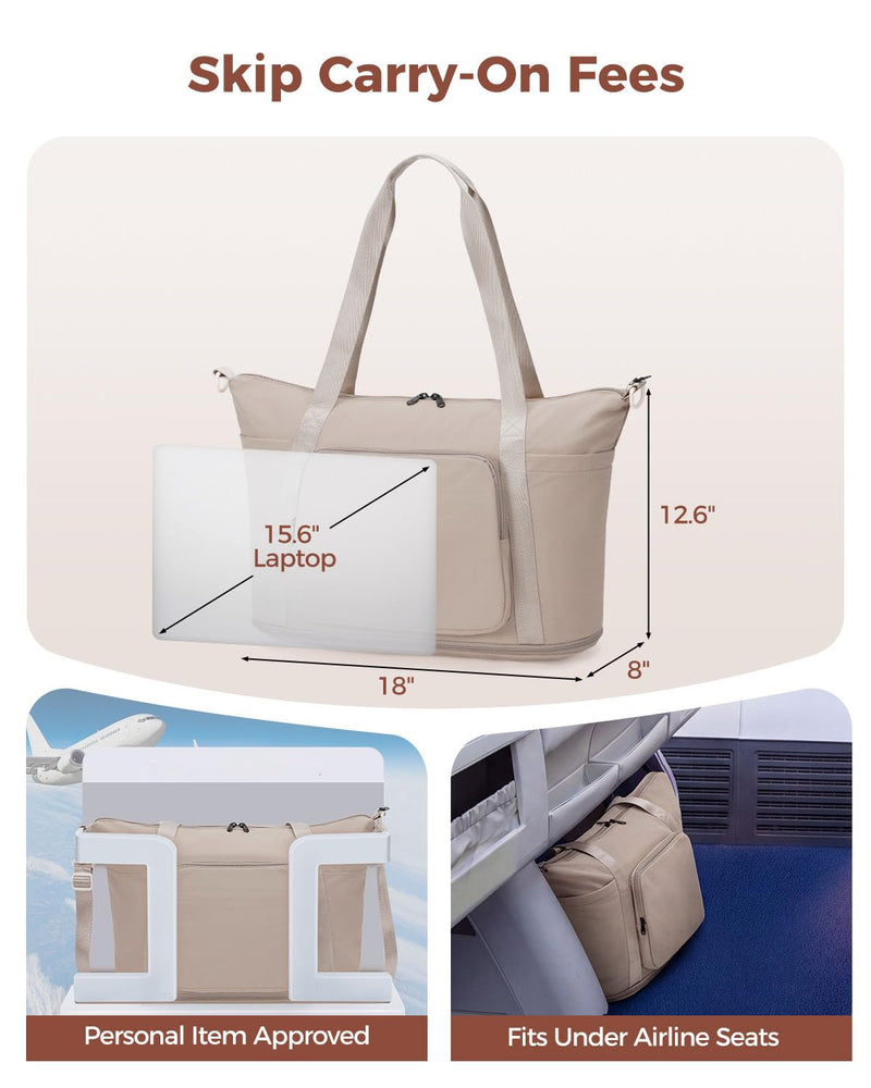 WANDF Foldable Expandable Personal Item Travel Bag for Women Carry On | 18x14x8 inches, Frontier Airline Underseat Fit, Weekend Getaways Khaki