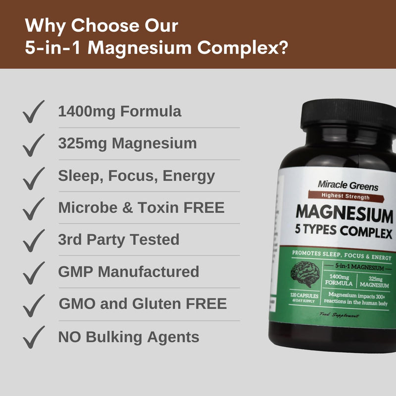 5 in 1 Magnesium Complex – Glycinate, Citrate, Lactate, Malate & Taurate – 1400mg Formula Providing 325mg of Elemental Magnesium – for Sleep, Energy, and Muscles – 120 Capsules, Made in The UK