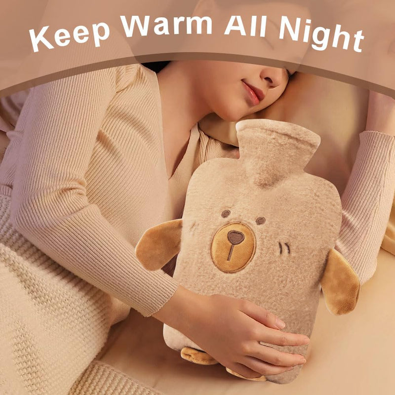 [Australia] - FIVAVA hot water bottle with cover 2L, children's hot water bottle large with cuddly soft cover, hot water bottle animal, hot water bottle gifts for family and friends brown 